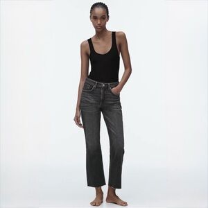 ZARA Washed Black Kick Flare Jeans Raw Hem Cropped Denim Size 6